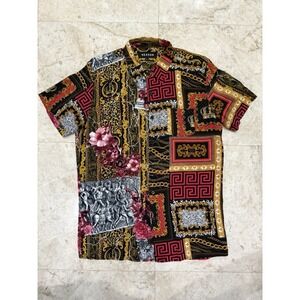 REASON Short Sleeve Button Down Mens Shirt L Black Gold Red Greek Chain Floral